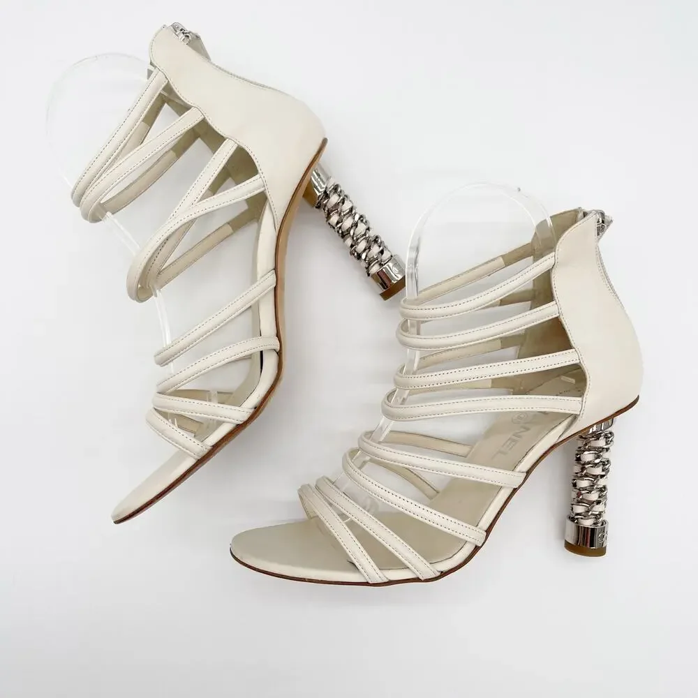 Chanel Ivory Leather Caged Coco Tower Chain Link Heel Ankle Zip Sandals EU 39